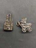 Lot of Two Detailed Sterling Silver Charms, One Disneyland Magic Kingdom Motif & One Baby Carriage