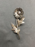 Detailed Handmade 52mm Long 25mm Wide Sunflower Motif Sterling Silver Brooch