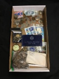 Mixed Vintage Estate Collectibles Lot - Coins, Jewelry, Hamilton Pocket Watch, Currency & More