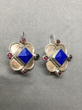 Turkish Design Square 26mm Pair of Sterling Silver Earrings w/ Kite Set Square Lapis Center & Four