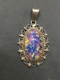 Filigree Framed Large Oval Colored Foil Resin Cabochon Center 40mm Long 25mm Wide Mexican Made