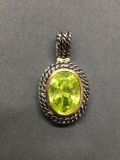 Two-Tone Double Rope Detailed Sterling Silver Pendant Enhancer w/ Oval Faceted Vibrant Green Gem
