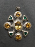 Heavy 48mm Tall 46mm Wide Sterling Silver Compass Pendant w/ Oval & Round Citrine Gems Featured &