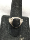 Rectangular 13x11mm Onyx Cabochon Center Detailed Sterling Silver Ring Band