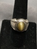Oval 11x9mm Tiger's Eye Cabochon Center Rustic Handmade Signed Designer Sterling Silver Ring Band