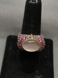 Antique Finished Filigree Detailed Sterling Silver Ring Band w/ Horizontal Set Oval Mother of Pearl