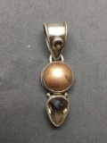 Sterling Silver 52mm Long Drop Pendant w/ Round Bronze Faux Pearl Center & Checkerboard Pear Faceted