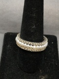 Center Row of White Seed Pearls w/ Round Faceted CZ Sides 7mm Wide Sterling Silver Eternity Band