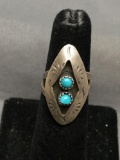 Old Pawn Native American Style 28mm Long Top w/ Hand Engraving Detail & Twin Round Turquoise Centers