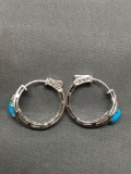 Two-Tone Filigree Detailed 9mm Wide 25mm Diameter Pair of Sterling Silver Hoop Earrings w/ Oval Faux