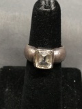 Bezel Set Emerald Cut Faceted 8x7mm CZ Center Sterling Silver Ring Band