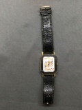 Medana Designer Rectangular 30x25mm Face King of Heart Motif Stainless Steel Watch w/ Black Leather