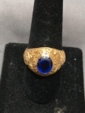 Hill Designer 14kt Gold California 1949 Detailed Class Ring Band 15mm Wide Tapered w/ Oval Faceted