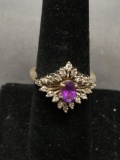 Oval Faceted 6x4 mm Amethyst Center w/ Round Faceted Diamond Halo Signed Designer Two-Tone 14kt Gold