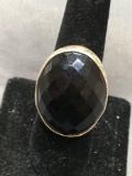 Bezel Set Oval Checkerboard Faceted 27x20mm Onyx Center Split Shank Sterling Silver Ring Band