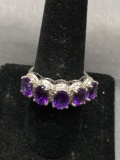 Five Oval Faceted 7x5 mm Amethyst Centers w/ Diamond Accented Halos Sterling Silver Ring Band