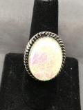 Rope Frame Detailed Oval 24x18mm Faux Opal Center Sterling Silver Ring Band