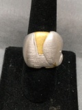 Two-Tone Satin Finished Modern Design 21mm Wide Top Tapered Signed Designer Sterling Silver Ring