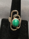 Oval 11x10mm Malachite Cabochon Center Modern Design 32mm Long High Polished Sterling Silver Ring