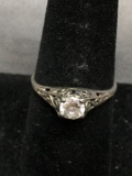 KBN Designer Vintage Filigree Detailed Sterling Silver Engagement Ring Band w/ Round Faceted 5mm CZ