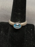 Horizontal Bezel Set Oval Faceted 7x5mm Blue Topaz Center Sterling Silver Ring Band
