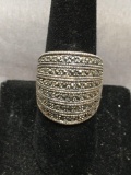 Milgrain Marcasite Detailed Domed 23mm Wide Tapered Sterling Silver Ring Band