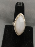 New! Gorgeous Blue Fire Marquise Cabochon Fashioned Moonstone Detailed Sterling Silver Ring