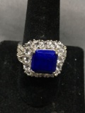 Square Step Faceted 11 mm Lapis Gemstone Center w/ Heart Faceted CZ Accented Halo High Polished
