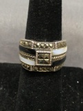 Milgrain Marcasite Detailed w/ Alternating Onyx & Mother of Pearl Barrell Cabochon Centers Signed