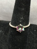 Six Prong Set Round Faceted 7mm Mystic Topaz Center Sterling Silver Solitaire Ring Band