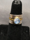 Bezel Set Round 7mm Moonstone Cabochon Center 12mm Wide Two-Tone High Polished Sterling Silver Cigar