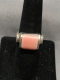 Horizontal Set Rectangular 11x10mm Pink Cabochon Center Mexican Made Sterling Silver Ring Band