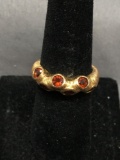 Six Round Faceted Stagger Gypsy Set Handmade Texured Gold-Tone Sterling Silver Signed Designer Ring