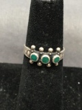 Old Pawn Mexico Style Three Bezel Set Malachite Centers Bead Ball Detailed Sterling Silver Ring Band
