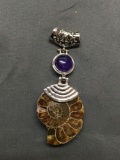 New! Large Gorgeous Ammonite Fossil Center w/ Amethyst Cabochon Accent 3in Long Sterling Silver