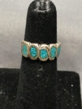 Five Broken Edge Turquoise Inlaid Centers 8mm Wide Sterling Silver Band