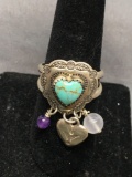 Heart Fashioned 8x8mm Turquoise Center Hand-Engraving Detailed Old Pawn Mexico Style Sterling Silver