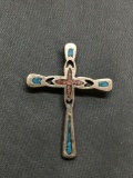 Red & Blue Gemstone Inlaid Scallop Edged 32mm Long 25mm Wide Sterling Silver Cross Ring Band Pendant