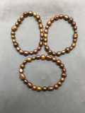 Lot of Three Copper Colored Dyed Baroque Pearl Beaded 7in Long Stretchable Bracelet