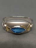 Marquise Faceted 25x12mm Blue Topaz Center w/ Round Diamond Accents Large Satin & High Polished