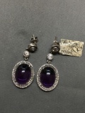Oval 15x12mm Amethyst Cabochon Center w/ Round CZ Accented Halo 40mm Long 17mm Wide Pair of Sterling