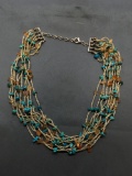 Ten Strands of Alternating Tumbled Agate & Turquoise Beaded 20mm Wide 18in Long Necklace w/ Sterling
