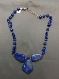 Round & Tumbled Lapis Beaded 18in Long Sterling Silver Necklace w/ Three Large Tumbled Lapis