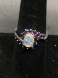 New! AAA Quality Rainbow Opalite w/ Round Faceted Amethyst Halo Sterling Silver Ring Band-Size 7.25