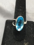New! Detailed Large Gorgeous Oval Faceted Blue Topaz Stamped Sterling Silver Ring Band-Size 9
