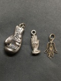 Lot of Three Sterling Silver Hand Themed Charms