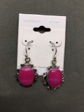 New! Gorgeous Pink Botswana Gemstone Cabochon 1.25in Pair of Sterling Silver Detailed Earrings