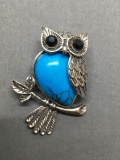 New! Large Gorgeous Turquoise Cabochon Center 2in Long Sterling Silver Amazing Owl Pendant w/ Black