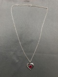 Diamond Accented 16x16mm Ribbon Heart Pendant w/ Heart Faceted 7x7mm Created Ruby Center & 18in Long