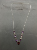Infinity Link Design 24in Long Necklace w/ Oval Faceted 14x11mm Ruby Center Drop & Six Oval Faceted